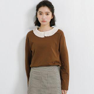 Long-sleeve Pleated Collar Blouse Khaki - One Size