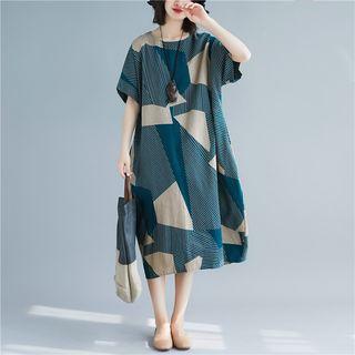 Elbow-sleeve Printed Midi Dress Bluish Green - One Size