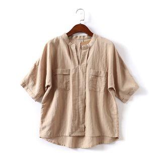 V-neck Short-sleeve Shirt Khaki - One Size