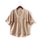 V-neck Short-sleeve Shirt Khaki - One Size