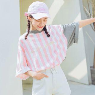 Striped Color Block 3/4-sleeve T-shirt