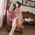 Balloon-sleeve Paneled Floral Print Midi Chiffon Dress Tangerine - One Size