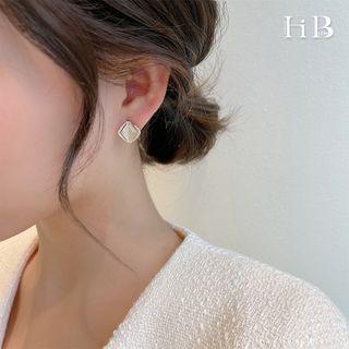 Square Rhinestone Cat Eye Stone Earring 1 Pair - 925 Silver Needle - Gold & Pearl White - One Size