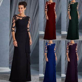 Elbow-sleeve Floral Embroidery Lace Panel Long Dress