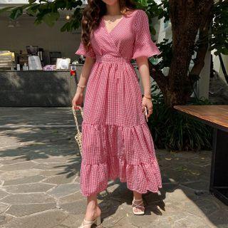 Ruffle-sleeve Gingham Dress