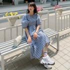 Short-sleeve Plaid A-line Dress Plaid - Blue & White - One Size
