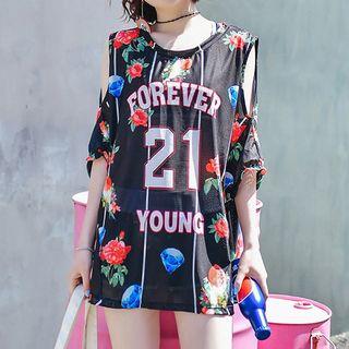 Set: Printed Bikini + Cold Shoulder Short-sleeve Top