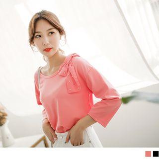 Long Sleeve Beaded Bow Accent Top