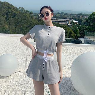 Drawstring-hem Henley Crop Top / Shorts