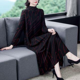 Long-sleeve Mock-neck Patterned Midi A-line Dress