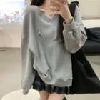 Lettering V-neck Sweatshirt / Plaid Pleated Mini A-line Skirt