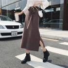 Tie-waist Side-slit Midi Knit Straight-fit Skirt