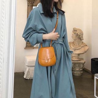 Long-sleeve Buckled Midi A-line Shirt Dress