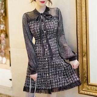 Long-sleeve Mesh Panel Tweed A-line Dress