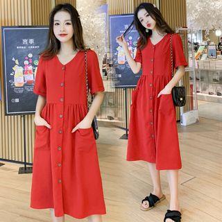 Short-sleeve V-neck Midi Shirt Dress