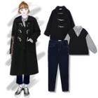 Toggle Long Coat / Mock Two-piece Shirt / Jeans