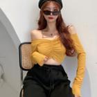 Long-sleeve Off-shoulder Crop Top Yellow - One Size