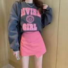 Round-neck Printed Letter Oversize Pullover / High-waist Plain A-line Mini Skirt