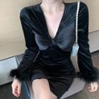 Long-sleeve Fluffy Trim A-line Dress