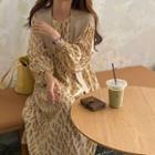 Plain Shawl / Long-sleeve Feather Printed Dress