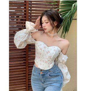 Puff-sleeve Floral Corset Top