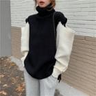 Turtleneck Cold-shoulder Sweater White & Black - One Size