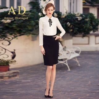 Pintuck-front Shirt / Pencil Skirt