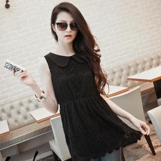 Gathered-waist Lace Tank Dress Black - One Size