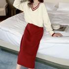 Set: V-neck Sweater + Midi Shift Knit Skirt Sweater - White - One Size / Skirt - Red - One Size