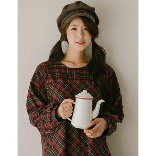 Bishop-sleeve Plaid A-line Long Dress