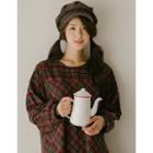 Bishop-sleeve Plaid A-line Long Dress