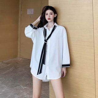Contrast Trim Chiffon Shirt With Sash