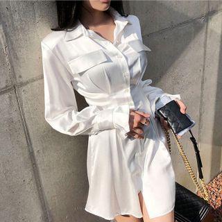 Lantern-sleeve Plain Mini Shirtdress