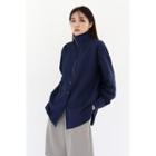 High-neck Zip-up Textured Blouse Navy Blue - One Size