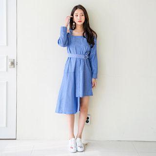 Cutout-shoulder Stripe Asymmetric-hem Dress With Belt