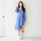 Cutout-shoulder Stripe Asymmetric-hem Dress With Belt