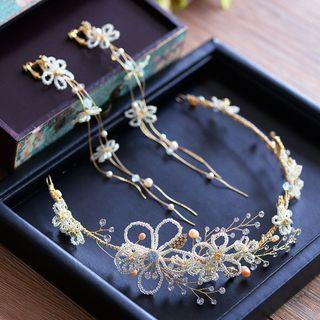 Set: Beaded Flower Bridal Headpiece + Waterfall Earrings