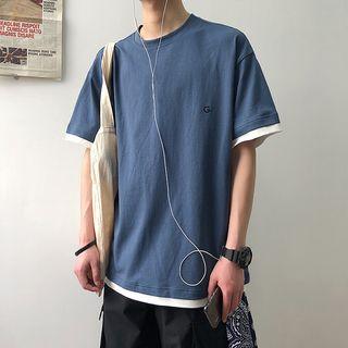 Mock Two-piece Embroidered Short-sleeve Top