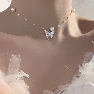 Butterfly Faux Pearl Fish Line Choker 1pc - Silver & White - One Size
