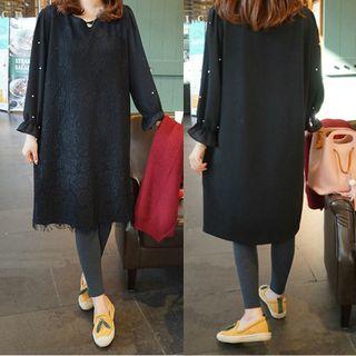 Faux Pearl Long-sleeve Lace Dress