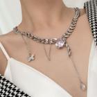 Butterfly Faux Crystal Pendant Chunky Chain Choker Silver - One Size