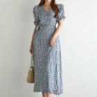 Shirred-sleeve Floral Long Wrap Dress