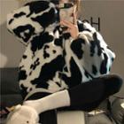 Printed Fleece Zip Hoodie Dairy Cow - Black & White - One Size
