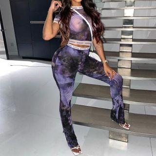 Set: Short-sleeve Print Mesh Crop Top + Skinny Pants