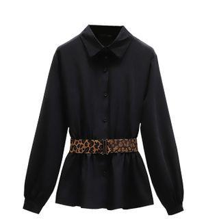 Bishop-sleeve Leopard Print Belt Shirt