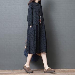 Dotted Button-front Long-sleeve Dress