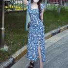 Cap-sleeve Floral Midi Dress Blue - One Size