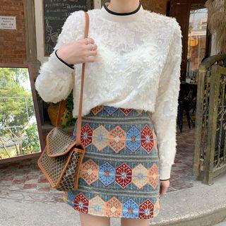 Mock Neck Long-sleeve Top / Patterned A-line Skirt