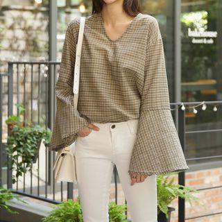 V-neck Ruffle-sleeve Plaid Top