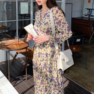 Long-sleeve Floral Midi Dress Floral - Beige - One Size